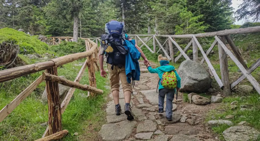 Dzieci i dorośli idą kamienistym szlakiem w Karkonoszach, otoczeni lasem. To piękna wyprawa, jak pielgrzymy w Karpaczu.
