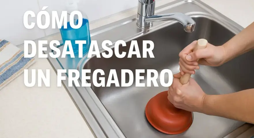 Manos usando un desatascador para desatascar fregadero.