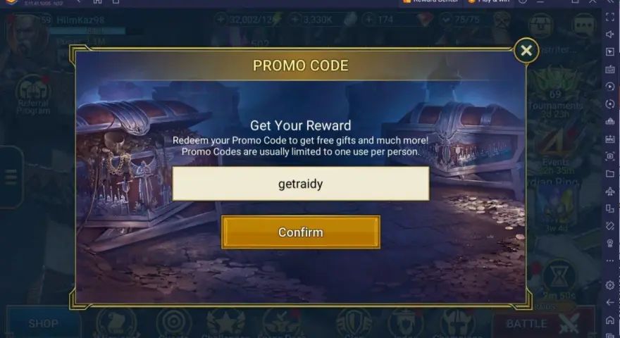 Wpisz kody do Raid Shadow Legends, aby otrzymać darmowe prezenty. Wpisz "getraidy" w pole promo code.