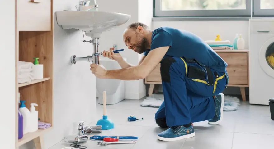 Hydraulik w niebieskim kombinezonie montuje kran pod umywalką, używając klucza.