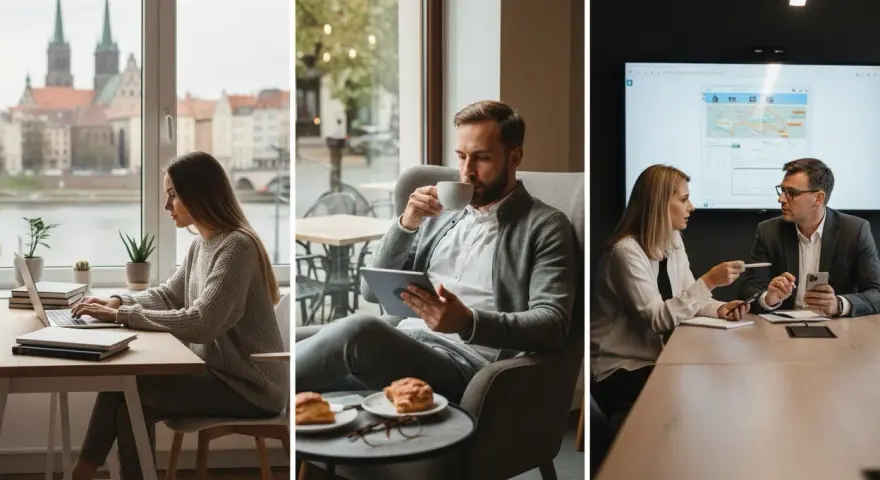 Studia grafika Wrocław: młoda kobieta pracuje przy laptopie z widokiem na miasto, mężczyzna pije kawę z tabletem, a para dyskutuje przy ekranie.