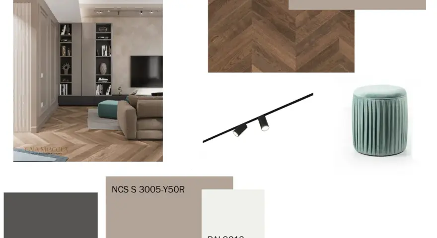 Moodboard con parquet a spina di pesce, pouf verde acqua e campioni di colore. I colori che stanno bene con il tortora includono grigi caldi e tonalità neutre.