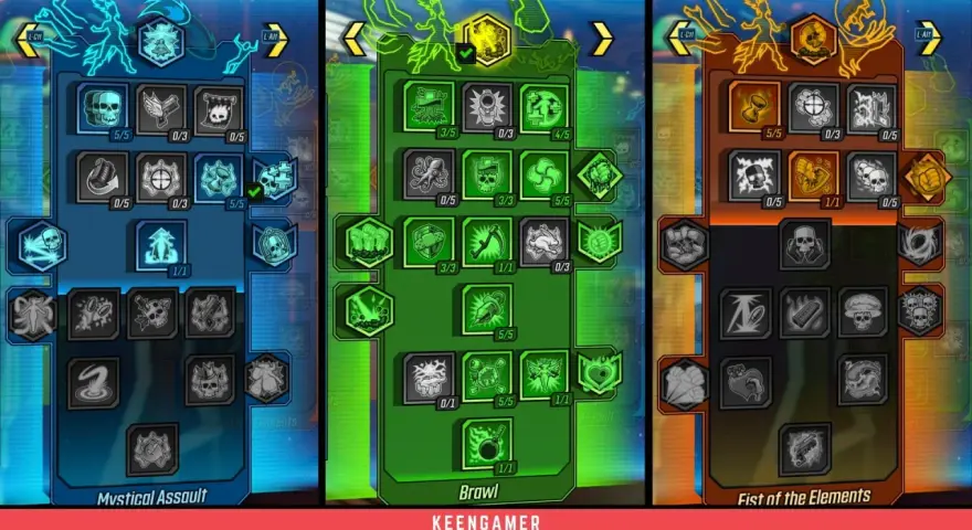 Árboles de habilidades de Amara en Borderlands 3: Mystical Assault, Brawl y Fist of the Elements.