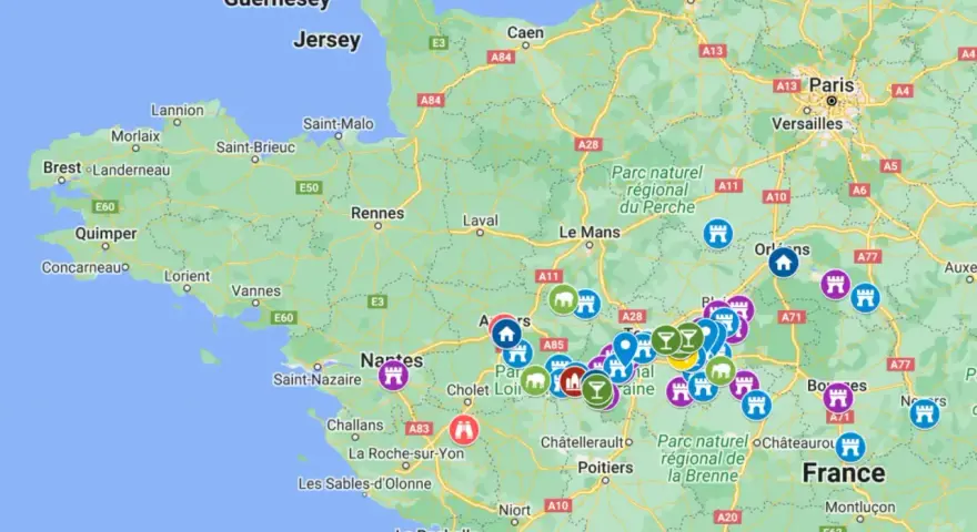 Carte des châteaux de la Loire, idéale pour un itinéraire pour visiter les châteaux de la Loire en 3 jours.