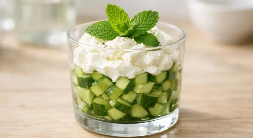 Verrine fraîcheur : dés de concombre croquants surmontés d'une crème onctueuse et d'une touche de menthe. Un délice léger et rafraîchissant.