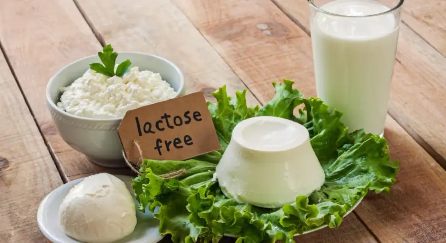 Serek wiejski, kulka mozzarelli i ser w kształcie stożka na sałacie, obok szklanki mleka. Etykieta głosi "lactose free", co oznacza brak laktozy.