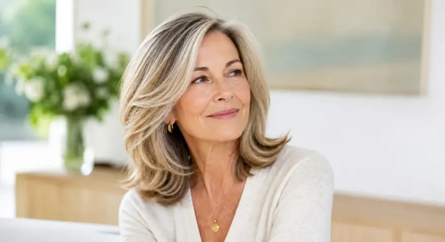 Donna con capelli biondi scalati, un look che fa parte dei 10 tagli di capelli per sembrare più giovani.