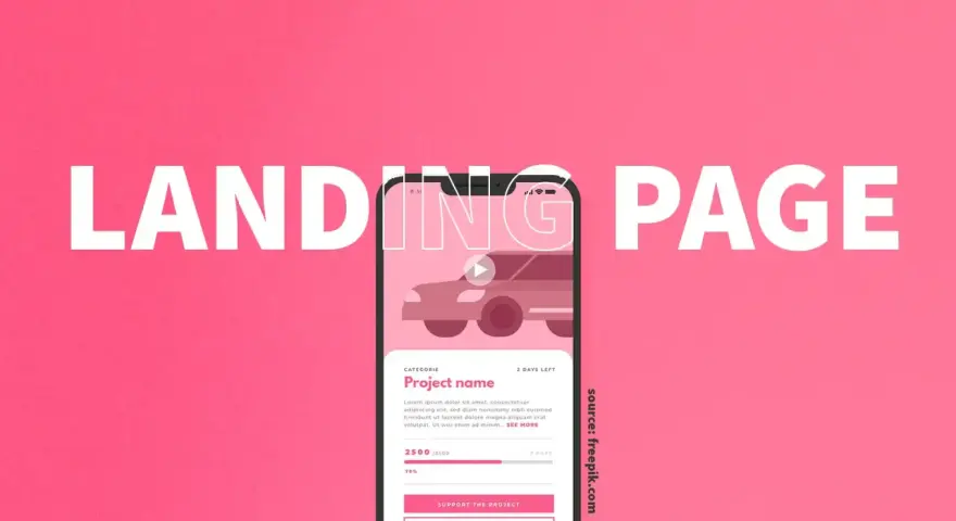 Beispiele für Landing Pages: Ein Smartphone zeigt eine Crowdfunding-Kampagne für ein Auto. Der Text "LANDING PAGE" ist groß darüber zu lesen.
