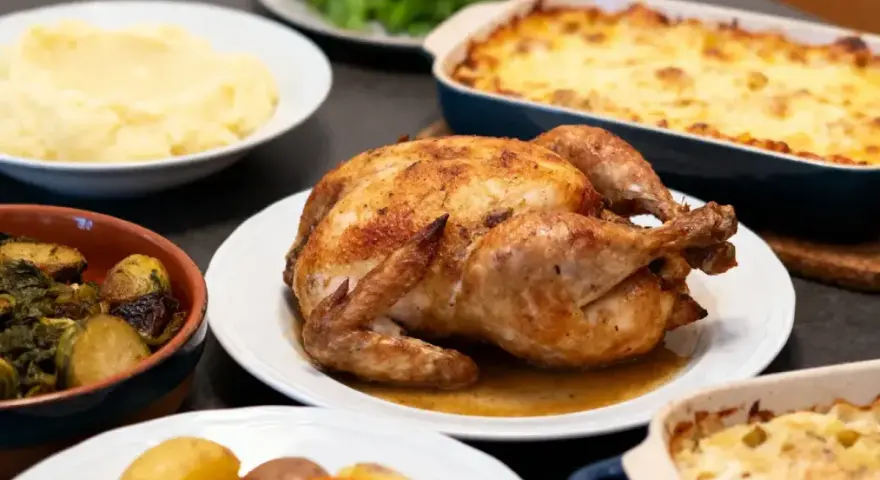 Un poulet rôti doré, entouré de purée, légumes rôtis et gratin. Un festin parfait pour un accompagnement poulet rôti.