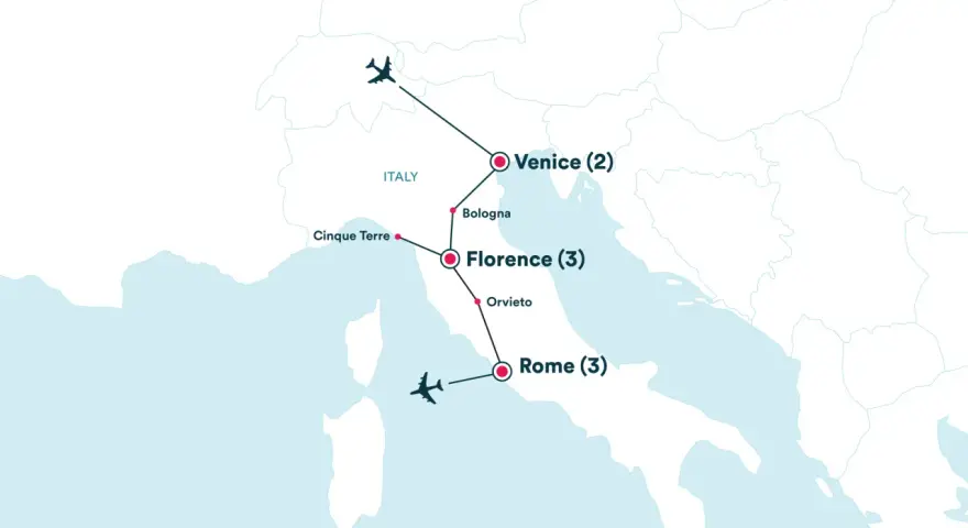 Map showing a Rome, Florence, Venice itinerary with flights and stops in Cinque Terre, Bologna, and Orvieto.