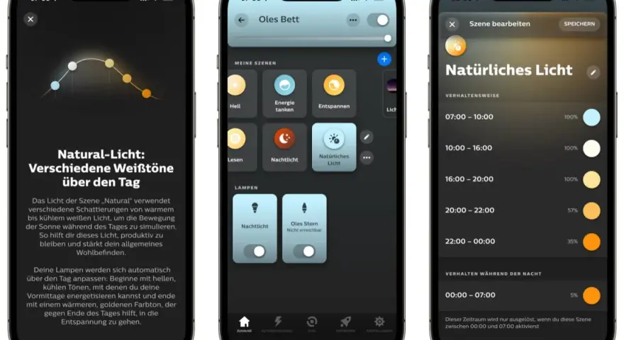 App-Ansicht: "Natürliches Licht" passt die Beleuchtung über den Tag an, von kühlem Morgenlicht bis warmem Abendlicht.