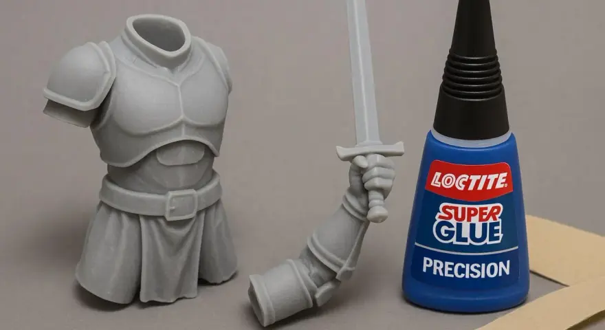 A grey resin knight's torso and arm with a sword are next to a bottle of Loctite Super Glue, suggesting does super glue work on resin for model assembly.