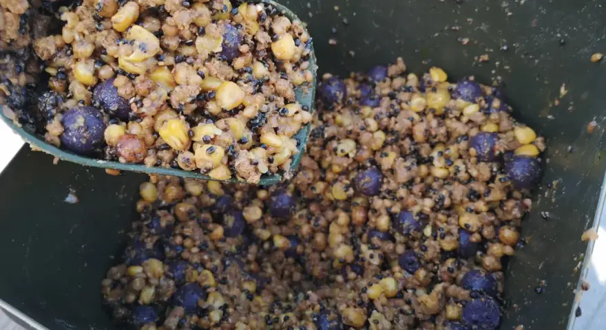 Mieszanka kukurydzy, ziaren i kulek, idealna jako najlepsza zanęta na ryby karpiowate.