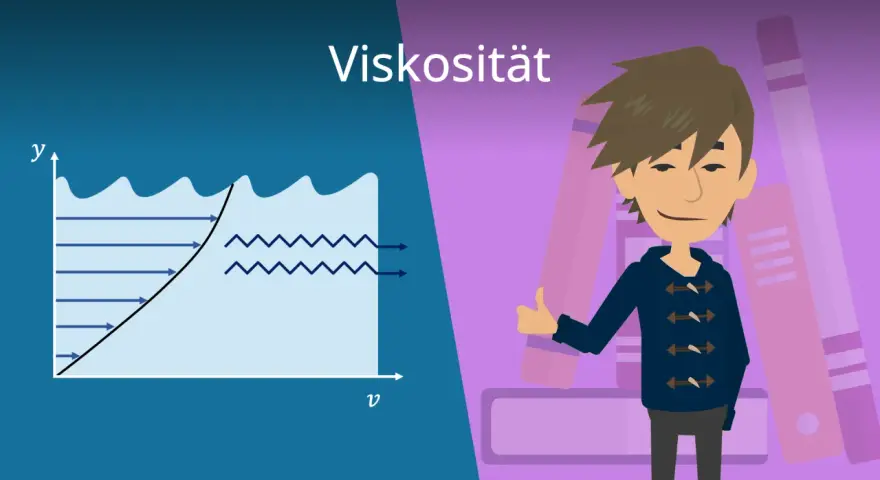 Diagramm zeigt Flüssigkeitsströmung und die Bedeutung von Viskosität. Ein Junge gibt Daumen hoch vor Bücherregal.