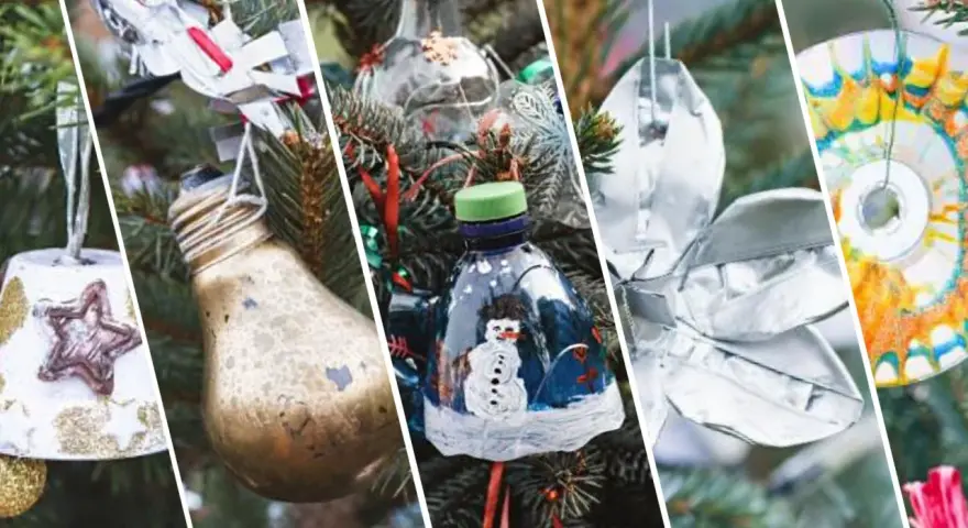 Ekologiczne ozdoby choinkowe z odpadów: gwiazdka z kubeczka, żarówka, butelka z bałwankiem, srebrna ozdoba i płyta CD.