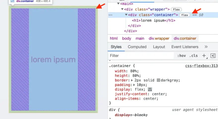 Centrowanie tekstu "lorem ipsum" w kontenerze z użyciem Flexbox w narzędziach deweloperskich.