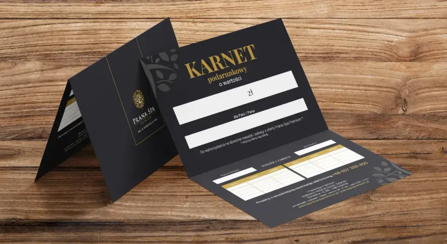 Elegancki voucher do spa Prana Spa Premium, idealny na prezent. Karnet podarunkowy o określonej wartości, do wykorzystania na masaże i zabiegi.