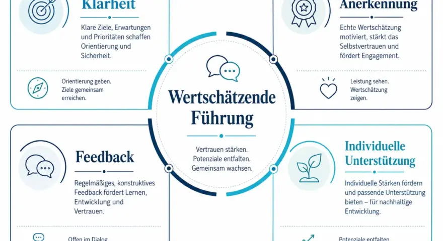 Schema zur wertschätzenden Führung: Klarheit, Feedback, Anerkennung und individuelle Unterstützung fördern Vertrauen und Wachstum.