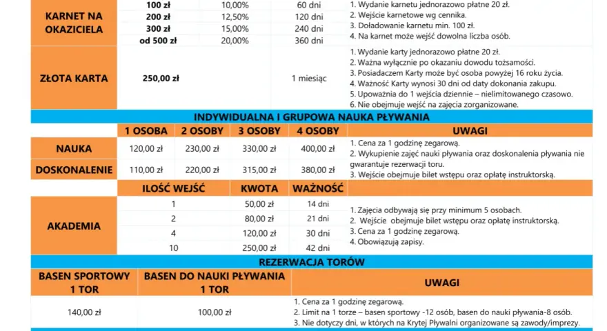 Cennik basenu w Białymstoku: karnety, nauka pływania, akademia, rezerwacja torów, bilety.