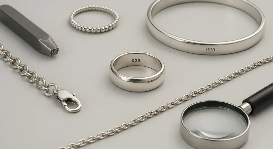 Gioielli in argento 925: anelli, bracciale, catena e punzone. La qualità è visibile anche con una lente d'ingrandimento.