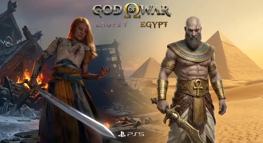 Kratos w stroju faraona i Laufey w scenerii starożytnego Egiptu. God of War Egypt.