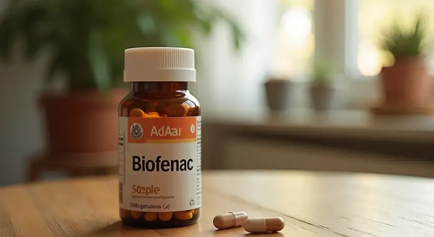 Butelka leku Biofenac 100 mg i dwie kapsułki na drewnianym stole.