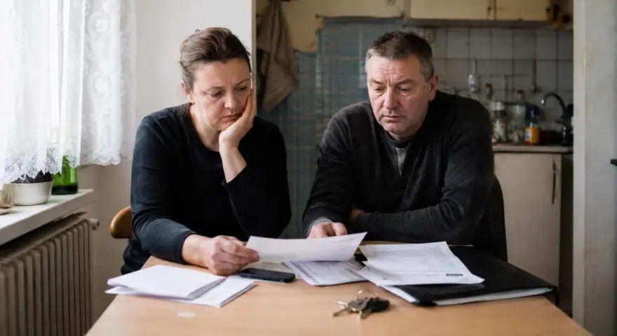 Para zmartwiona analizuje dokumenty. Czy upadłość konsumencka a mieszkanie z rodzicami to ich jedyne wyjście?