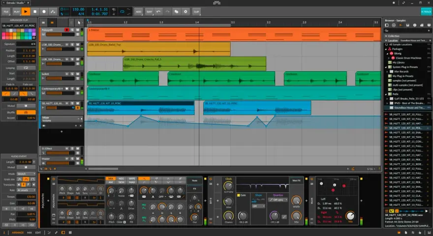 Sekwencja w Bitwig 8-Track z samplami perkusyjnymi i syntezatorami.