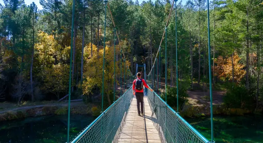 Senderista cruza puente colgante sobre el río, camino al Salto de Poveda y la Laguna de Taravilla. Bosque otoñal.
