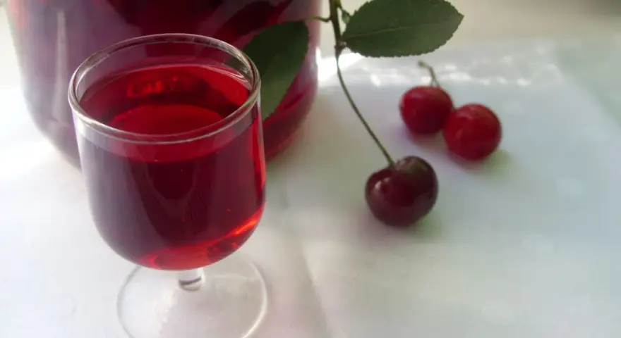 Szklaneczka nalewki z wiśni, obok świeże owoce i gałązka. Pyszny alkohol z wiśni.