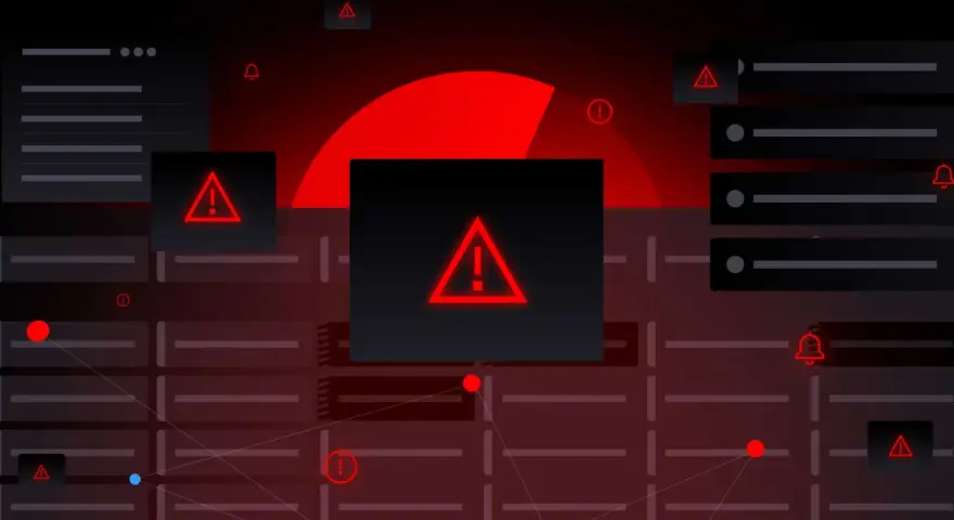 A dark, abstract interface with multiple red warning signs and notification icons, illustrating the concept of false positive security alerts.