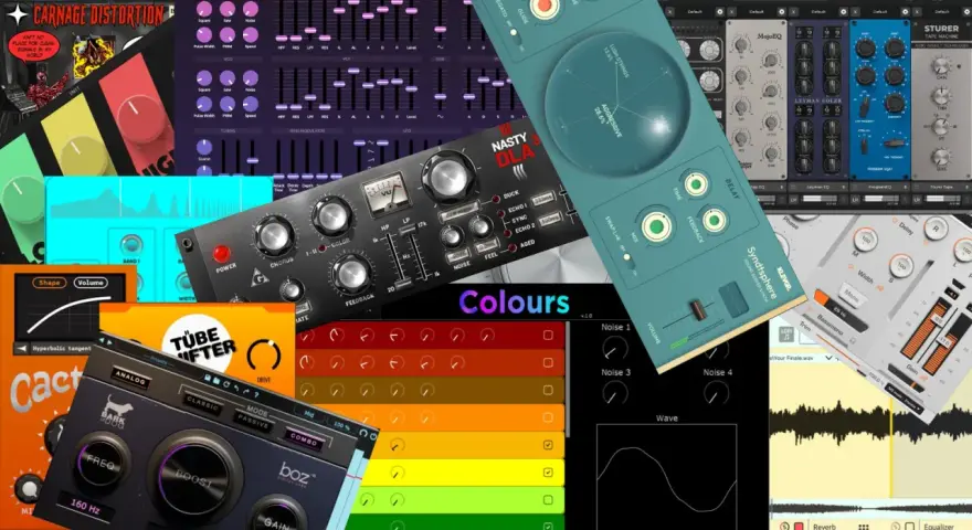 Kollektion von **free VSTs** mit bunten Benutzeroberflächen, von Verzerrern bis zu Synthesizern.