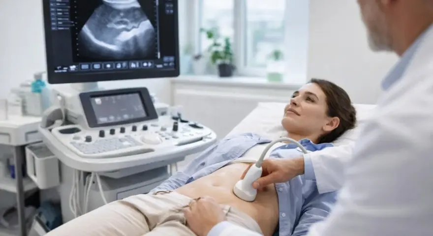 Lekarz wykonuje badanie USG jamy brzusznej u pacjentki leżącej na kozetce.