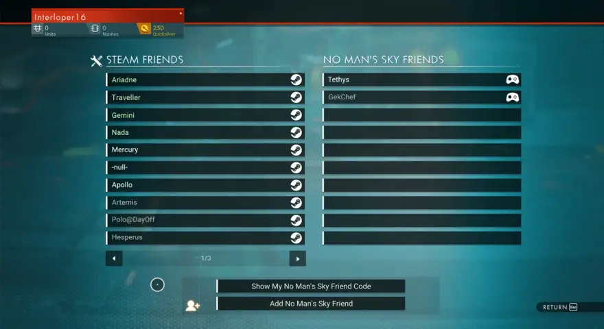 Interfejs gry No Man's Sky z listą znajomych Steam i No Man's Sky, pokazujący możliwości crossplay.