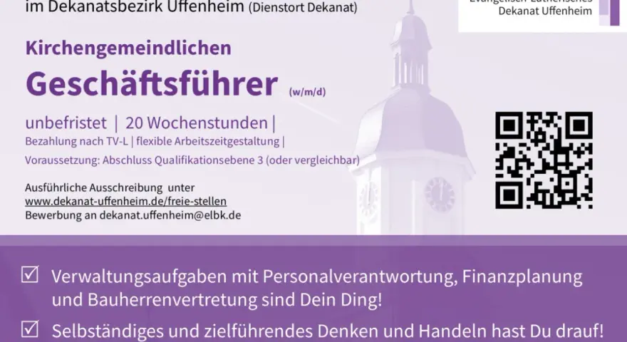 Stellenanzeige für einen kirchengemeindlichen Geschäftsführer im Dekanat Uffenheim. Gesucht wird eine Person mit Führungsverantwortung.