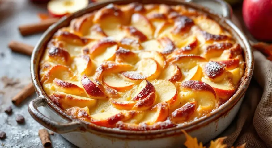 Un délicieux flan aux pommes, doré et saupoudré de sucre glace, prêt à être dégusté. Des pommes fraîches et des bâtons de cannelle l'entourent.