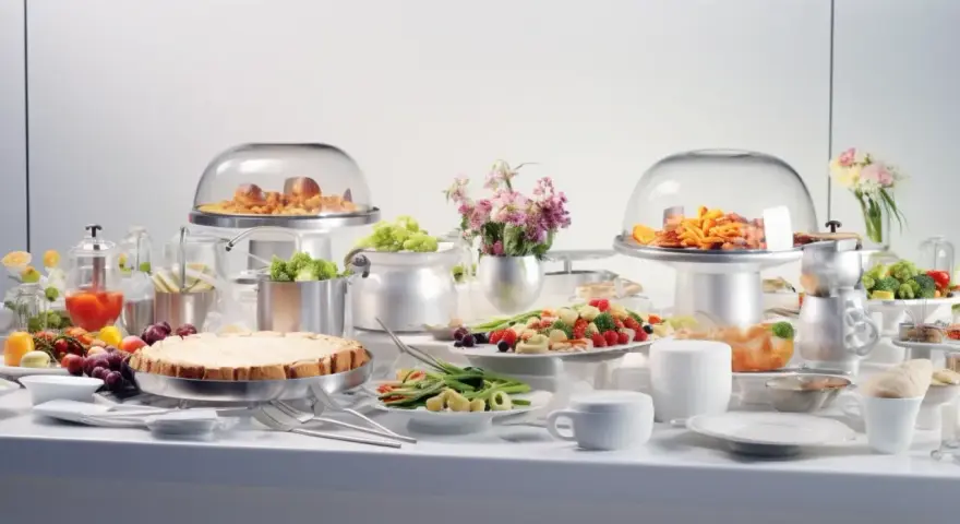 Stół cateringowy z potrawami, ciastem, owocami i kwiatami.
