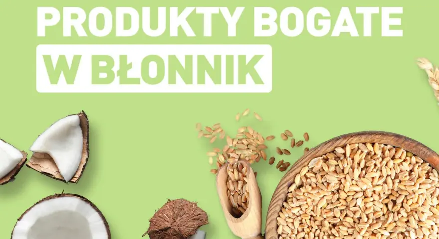 Produkty bogate w błonnik: kokosy i ziarna pszenicy.