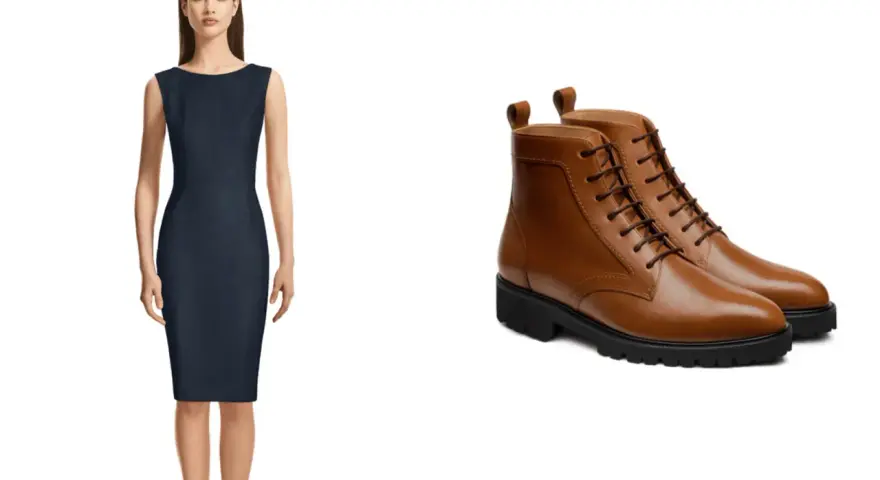 Mujer con vestido azul marino y un par de botas cortas de cuero marrón. Un look casual con vestidos y botas cortas.
