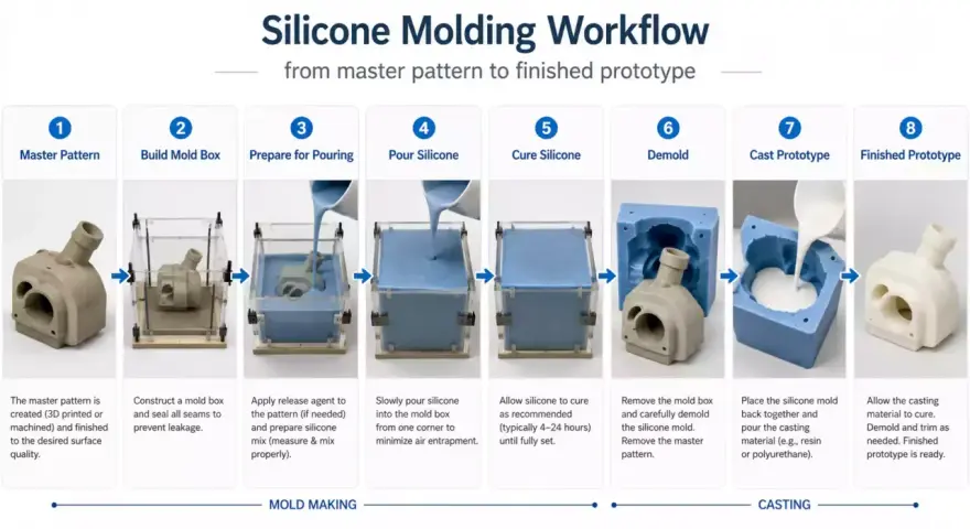 Workflow for how to make a silicon mold: Master pattern, build box, pour silicone, cure, demold, cast prototype, and finish.