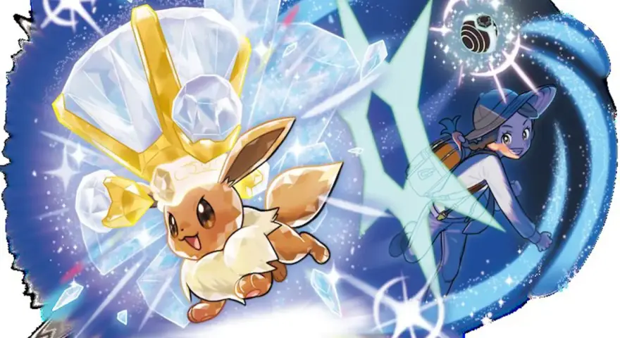Eevee con corona de diamantes y oro, listo para cambiar teratipo pokemon. Una entrenadora sonríe, rodeada de energía azul y cristales.