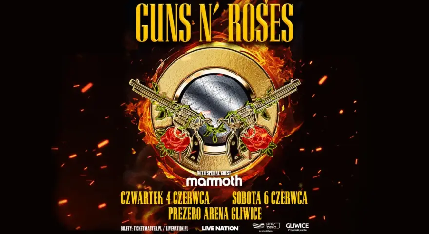 Plakat zapowiadający koncerty Guns N' Roses w Prezero Arena Gliwice 4 i 6 czerwca.