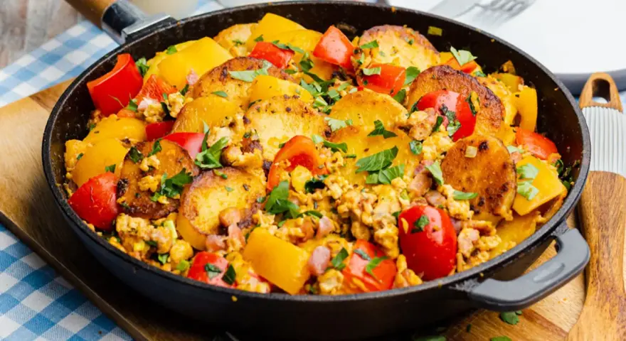 Herzhafte bauernpfanne mit kartoffeln und ei, garniert mit frischer Petersilie und bunten Paprikastücken. Ein deftiges Gericht direkt aus der Pfanne.