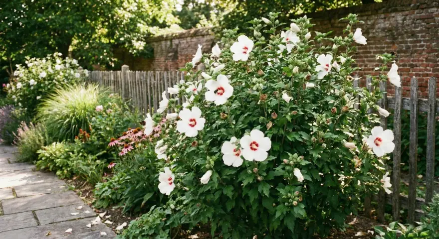 Piękny krzew hibiskusa ogrodowego z białymi kwiatami i czerwonymi środkami, kwitnący obok drewnianego płotu. Idealny czas, kiedy sadzić hibiskusa ogrodowego, to wiosna lub jesień.