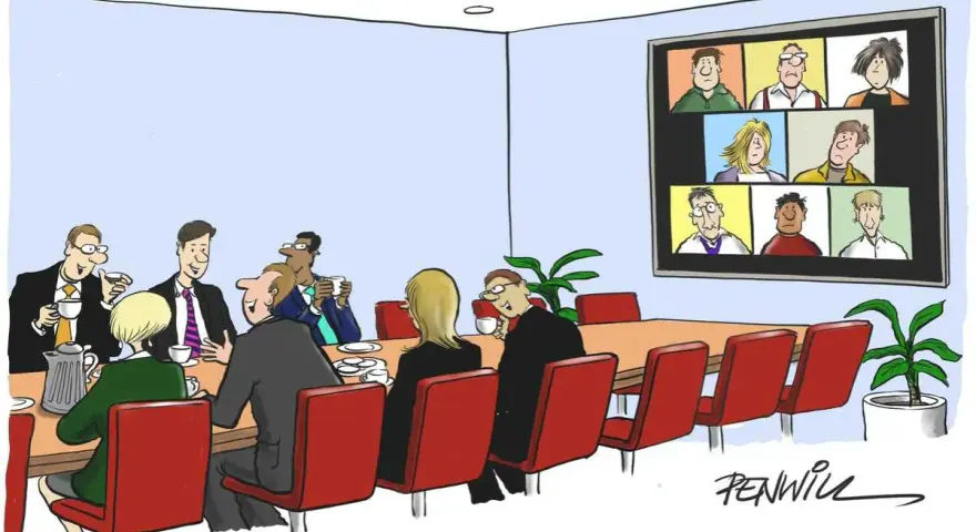 Cartoon of an executive board meeting with some members in person and others on a video call, humorously questioning the setup.