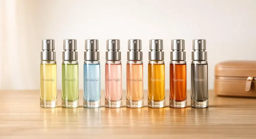 Kolekcja **christopher dark perfumy** w małych buteleczkach: Workday, Brunch, Weekend, Date Night, Evening Gala, Summer, Winter.