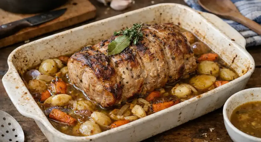 Un savoureux roti de porc au four, doré et juteux, mijotant avec des pommes de terre et des carottes dans un plat en céramique.