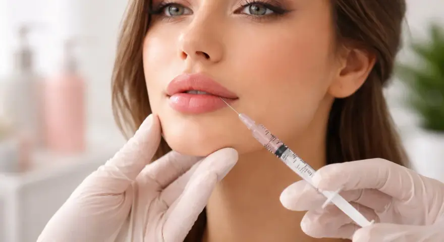 Primo piano di una donna che riceve un filler labbra. Si discute dei possibili lip plumper effetti collaterali.