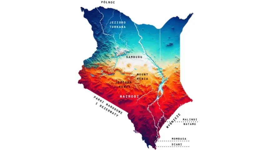 Mapa Kenii z zaznaczonymi jeziorami, górami i miastami. Pokazuje, gdzie leży Kenia, od Jeziora Turkana na północy po wybrzeże z Mombasą na południu.