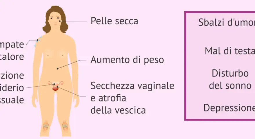 Sintomi della menopausa precoce: vampate, pelle secca, aumento di peso, calo del desiderio, mal di testa, disturbi del sonno e depressione.
